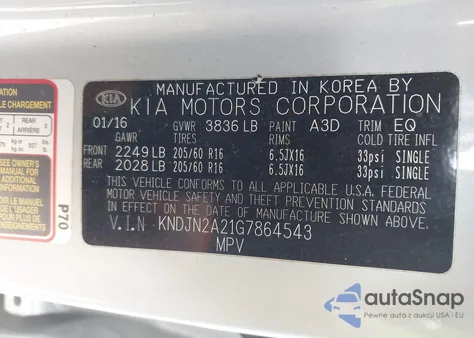 2016 Kia Soul z USA, uszkodzony, nr VIN KNDJN2A21G7864543